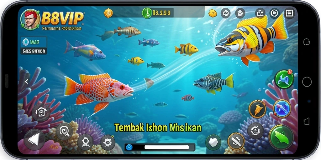 Tangkapan layar B8VIP menampilkan aksi menembak ikan yang mendebarkan.