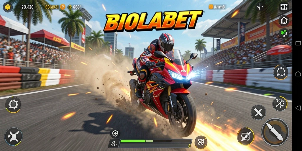 Screenshot menampilkan aksi seru dalam balapan motor BIOLABET.
