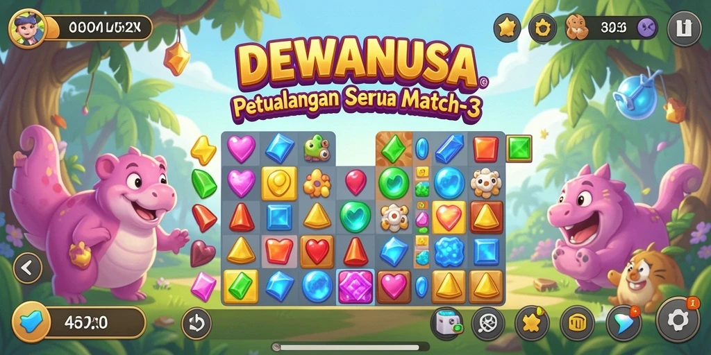 Tampilan menarik dari gameplay DEWANUSA yang penuh dengan permata colorful.