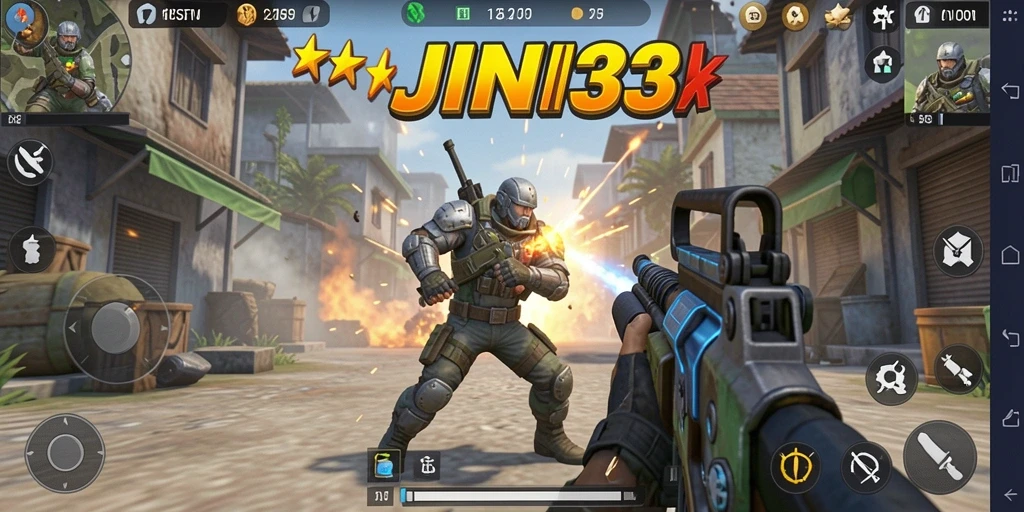 Screenshot utama JIN33 yang menampilkan aksi gameplay TPS.