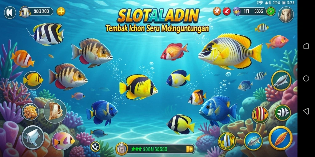 Tampilan gameplay SLOTALADIN saat menembak ikan di lautan yang cerah.